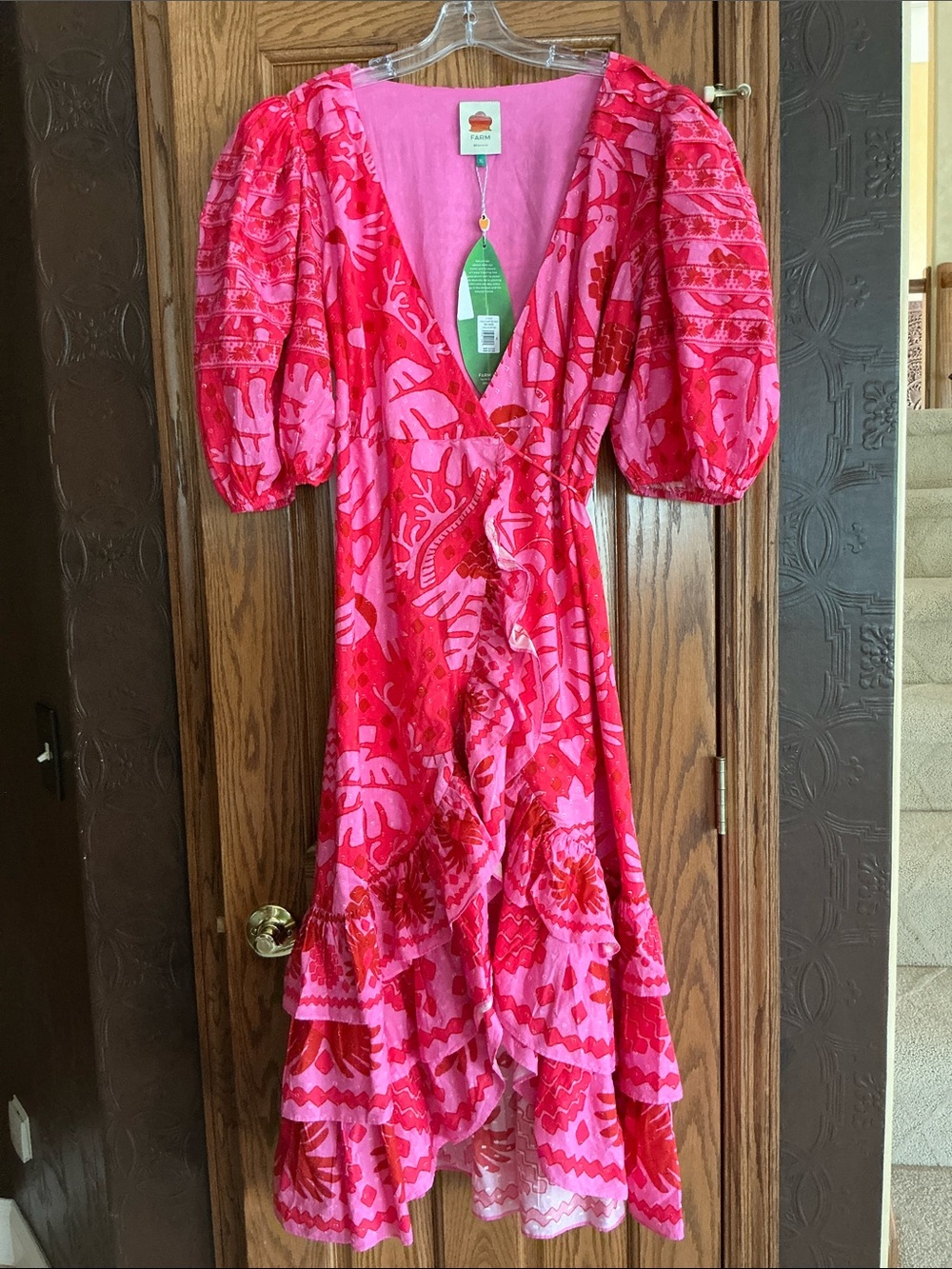 FARM Rio Hot Pink & Red Floral Puff-Sleeve Maxi Dress Pit to pit is